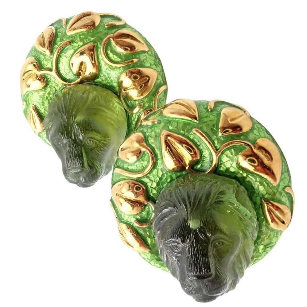 Rare! Elizabeth Gage 18k Yellow Gold Carved Peridot Green Enamel Lion Earrings - Picture 10 of 10